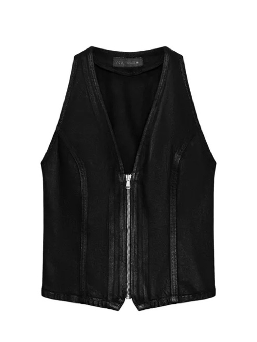 Zara Black Coated V-Neck Sleeveless Top Vest with Front Zip Detail